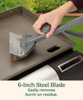 Beast Mode Heavy Duty Griddle Scraper with 6 Inch Stainless Steel Blade cleaning a flat top grill, ergonomic handle grip.