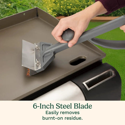 Beast Mode Heavy Duty Griddle Scraper with 6 Inch Stainless Steel Blade cleaning a flat top grill, ergonomic handle grip.