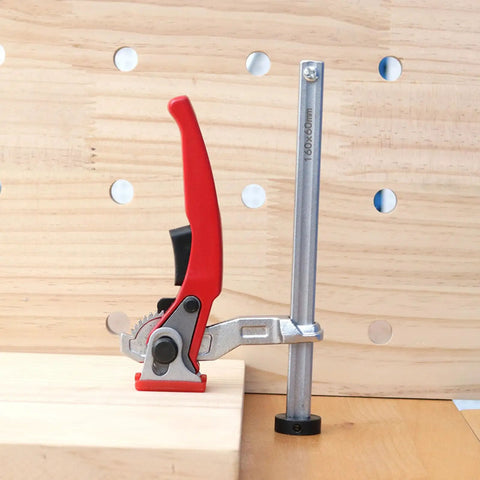 Heavy Duty Ratchet Hold Down Clamp Delivering Dead Nuts Secure Grip On A Twenty Millimeter Base mounted on a wood bench.