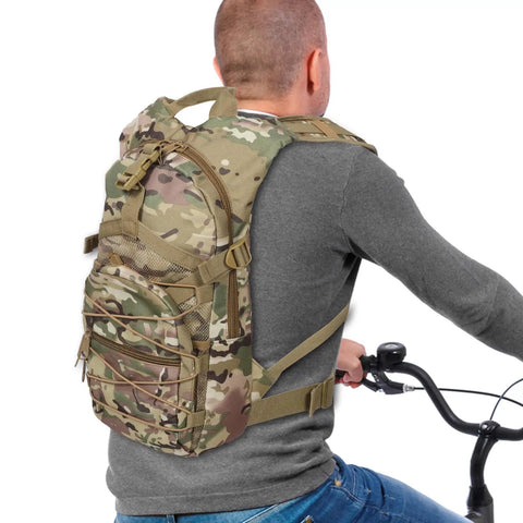 Man wearing camo hiking backpack with a comfy carrying system on a bike. Hiking Backpack For Men With Big Capacity And Comfy Carrying System