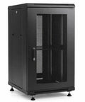Badass Heavy Duty 18U Server Rack Cabinet With Smooth Rolling Locking Wheels And Adjustable Depth For 19 Inch Network Gear. Black metal cabinet with mesh door.