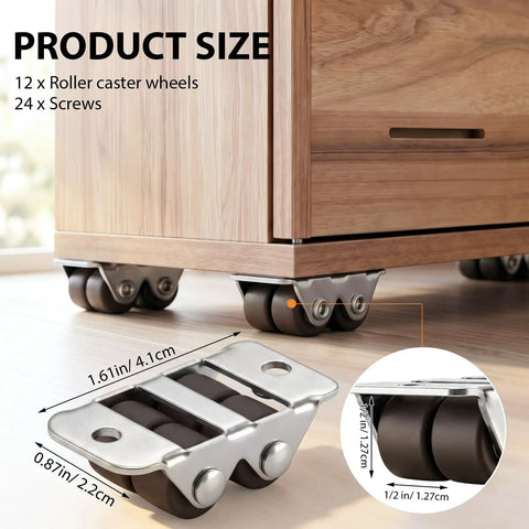 Smooth Rolling Mini Caster Wheels Half Inch Diameter Low Profile Furniture Casters with steel rollers under a wooden drawer.