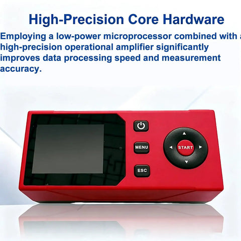 Handheld Surface Roughness Tester For Metal Machining And Quality Control, red handheld unit with display and START button