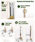 Top Rated Portable Manual Material Lift With Heavy Duty Winch And Adjustable Forks For Easy Warehousing Loading And Construction Lifting Jobs Today features rack and chain design with dual handles.