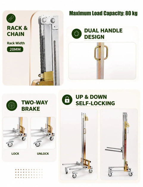 Top Rated Portable Manual Material Lift With Heavy Duty Winch And Adjustable Forks For Easy Warehousing Loading And Construction Lifting Jobs Today features rack and chain design with dual handles.