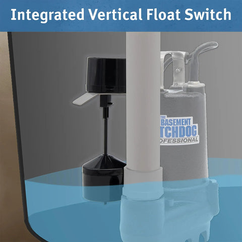 Cast Iron 1/2 HP Submersible Sump Pump With Copper-Wound PSC Motor, 4300 GPH At 0 Ft Lift, showing vertical float switch.