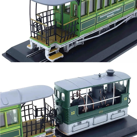 1/87 Scale Swiss G3-3 Rail Tram Vintage 1894 Steam Locomotive Model With Display Base, detailed close-up on green tram