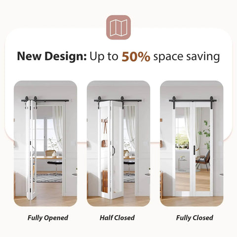 Double Bifold Barn Doors With Mirror For Closet 16x84 Inches White Finish fully opened, half closed, fully closed view.