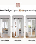 Bifold Barn Door Mirror 36x84 with One Lite Mirror in PVC white, shown in fully opened, half closed, and fully closed positions.