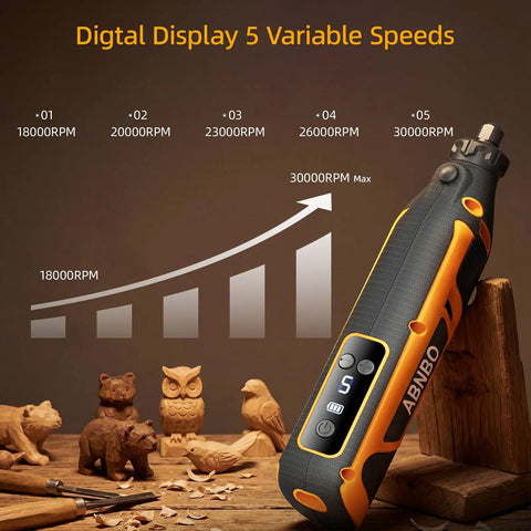 Slick Mini Cordless Rotary Tool With 5 Speed Settings Up To 30000 Rpm And Crisp Digital Display with carved wooden animals.