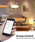 Hand holding smartphone showing app controlling Crazy Bright Smart LED Light Bulbs 16W 1600 Lumen 150W Equivalent Color Changing