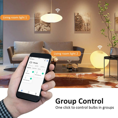 Hand holding smartphone showing app controlling Crazy Bright Smart LED Light Bulbs 16W 1600 Lumen 150W Equivalent Color Changing