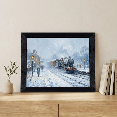 Impressionist Vintage Steam Train Canvas Print With Black Frame For Cozy Living Room Vibe And Office Wall Decor Snowy Winter Scene