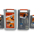 Front view of four gray Fein Best of E-Cut Starlock wood-and-metal saw blade cases with orange labels.