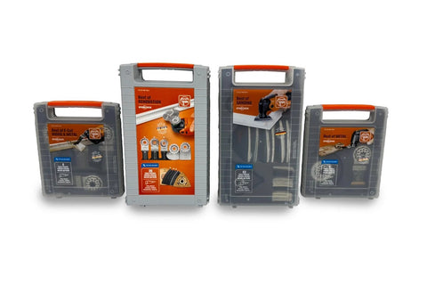 Front view of four gray Fein Best of E-Cut Starlock wood-and-metal saw blade cases with orange labels.