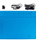 Anti Static Mat Kit For Electronics And Computer Repair With Esd Wrist Strap Grounding Wire And Grounding Plug 15.7in By 11in Heat Resistant Soldering Pad Kaisiking Pro Grade Esd Accessories, showing blue mat and components.