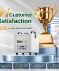 FC-100A Fume Extractor With Remote Control displayed next to a trophy and certificates, highlighting customer satisfaction.
