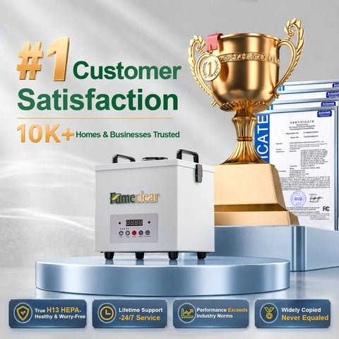 FC-100A Fume Extractor With Remote Control displayed next to a trophy and certificates, highlighting customer satisfaction.