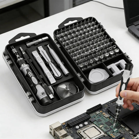 Person using All In One Precision Screwdriver Set With Magnetic Bits And Storage Case, 115 In 1 Tool Kit for electronics repair