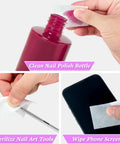Lint Free Nail Wipes And Gel Polish Remover Pads Set With Cuticle Pushers used on nail polish bottle, tools, and phone screen.