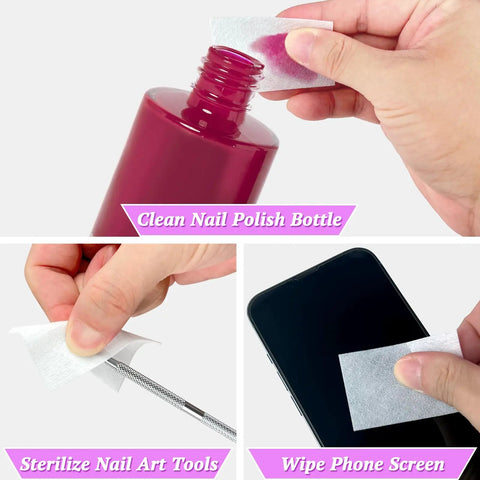 Lint Free Nail Wipes And Gel Polish Remover Pads Set With Cuticle Pushers used on nail polish bottle, tools, and phone screen.
