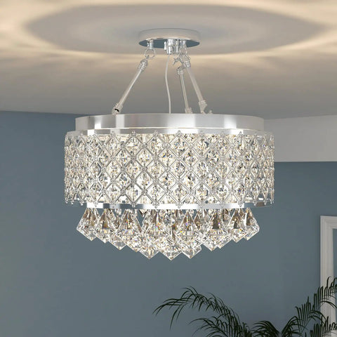 Sleek Modern Crystal Chandelier Pendant Light With Sparkling Raindrop Crystals, Semi Flush Mount, 4-Light Round Metal Ceiling Fixture in Chrome Finish for Living Room