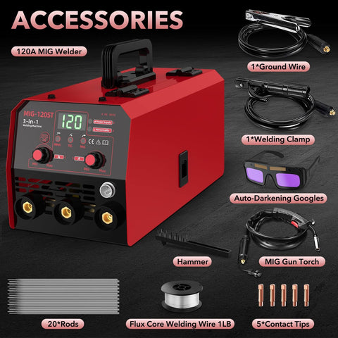 Pro Grade 120 Amp MIG Welder Combo 3 In 1 Gasless Flux Core MIG Lift TIG And Stick Welder For 110V, accessories included