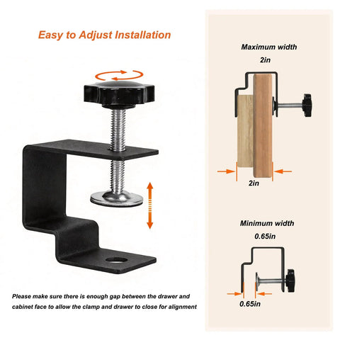 Two Pack Drawer Front Installation Clamps for Cabinets and DIY Woodworking Projects, side view illustrating adjustable range.