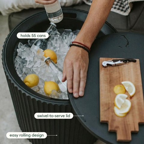 2-In-1 Outdoor Cooler Side Table In Black, Keeps 48 Cans Cold For 12 Hours, 40L Ice Capacity, swivel lid, serving board with lemons