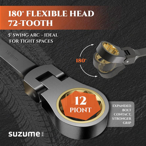 180° flexible head and 72-tooth design of 24 Piece Metric And SAE Flex Head Ratcheting Wrench Set With 180 Degree Head And 72 Teeth CRV Steel Pro Grade For Auto Repair And Machinery Tackle Tight Spots In Small Hard To Reach Corners