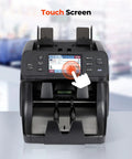 Front view of a Two Pocket Money Counter Machine That Sorts Mixed Denominations With Built In Printer on touch screen mode