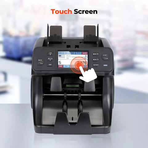 Front view of a Two Pocket Money Counter Machine That Sorts Mixed Denominations With Built In Printer on touch screen mode