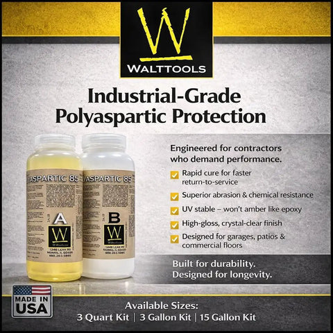 Workhorse Polyaspartic Topcoat 15 Gallon Kit High Solids Clear Gloss Floor Coating packaging shown with A and B components for clarity.