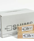 Hella Durable Kiln Dried Cedar Shims Bulk Case 420 Count Rot Resistant 8 Inch Fine Tip Wedges solid leveling blocks in a box.