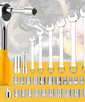 Must-Have 237-Piece Household And Auto Repair Tool Kit With Screwdrivers Sockets Wrenches Pliers Tape Measure Hammer Saw And Portable Plastic Case For DIY Projects At Home Or On The Go featuring wrenches and sockets.