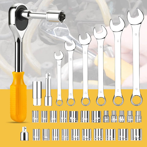 Must-Have 237-Piece Household And Auto Repair Tool Kit With Screwdrivers Sockets Wrenches Pliers Tape Measure Hammer Saw And Portable Plastic Case For DIY Projects At Home Or On The Go featuring wrenches and sockets.