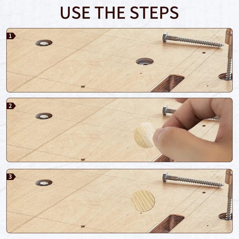 Step-by-step use of 648 Piece Screw Hole Cover Sticker Set In 12 Colors, Adhesive PVC Caps for wood screws on wooden panel.