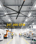 Straight Up Heavy Duty 14 Foot Commercial HVLS Industrial Ceiling Fan With Six Sturdy Aluminum Blades Packing Serious Airflow To Keep Warehouses Shops And Barns Chillin Season Long in a large industrial workspace.