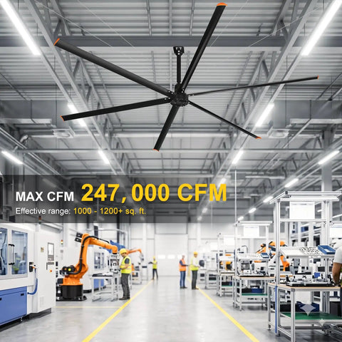 Straight Up Heavy Duty 14 Foot Commercial HVLS Industrial Ceiling Fan With Six Sturdy Aluminum Blades Packing Serious Airflow To Keep Warehouses Shops And Barns Chillin Season Long in a large industrial workspace.