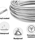 Heavy Duty One Eighth Inch Vinyl Coated Stainless Steel Wire Rope Kit With Two Hundred Feet Cable showing waterproof symbols