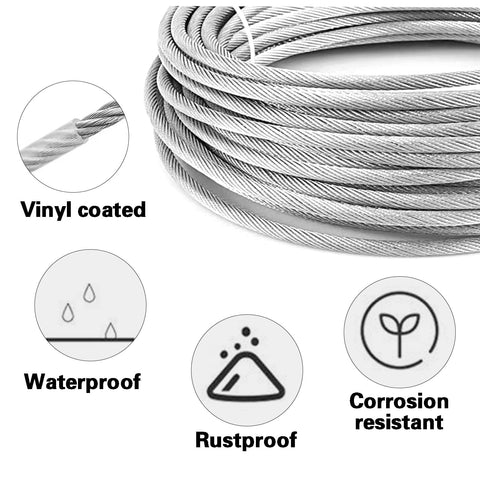 Heavy Duty One Eighth Inch Vinyl Coated Stainless Steel Wire Rope Kit With Two Hundred Feet Cable showing waterproof symbols