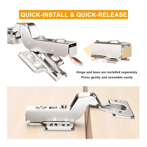 Set Of 2 Frameless Inset Cabinet Hinges With Soft Close Concealed European Style Clip On Mount For Frameless Cabinets Flush Door Look Fifty Percent Faster Install No Fuss Upgrade For Your Kitchen Or Bath. Silver clip-on hinge installed on frameless cabinet door with base plate