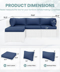 Outdoor Cushions Set for Patio Furniture With Five Pillows Weatherproof Navy Replacement Cushions 4 Inch Deep Seats for 4 Seat Sectional Sofa Couch All Weather Comfort displayed with product dimensions.