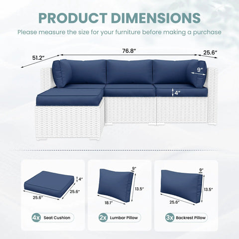 Outdoor Cushions Set for Patio Furniture With Five Pillows Weatherproof Navy Replacement Cushions 4 Inch Deep Seats for 4 Seat Sectional Sofa Couch All Weather Comfort displayed with product dimensions.