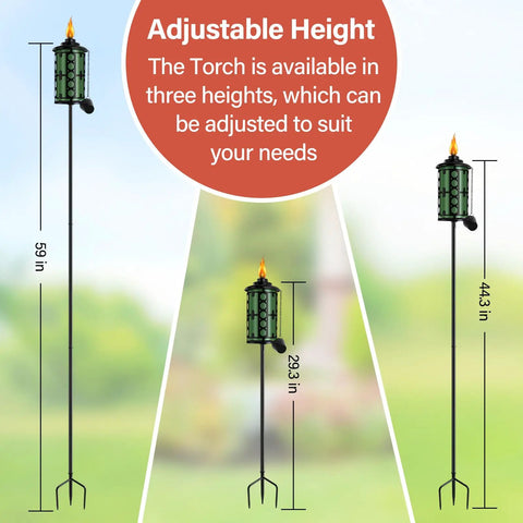 Outdoor Metal Torch Set Six Pack 59 Inch Citronella Garden Torches With 3 Prong Grounded Stake showing adjustable heights