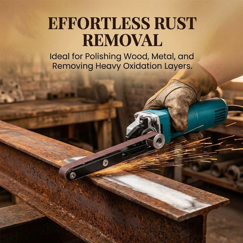 Garage Rat Approved Angle Grinder Belt Sander Adapter Heavy Steel Conversion Kit in use, removing rust from metal surface.