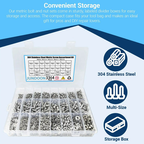 All In One Metric Screw Kit With M2 M3 M4 M5 Bolts Nuts Lock Washers Flat Washers 304 Stainless Steel hex socket screws case