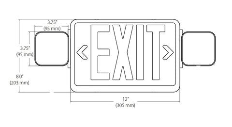 Diagram of Remote Capable LED Emergency Exit Sign With Dual Adjustable LED Heads, White Housing And Red Lettering, dimensions shown