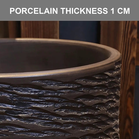 Close-up of handcrafted ceramic vessel sink showing 1 cm porcelain thickness with textured surface for bathroom upgrade.