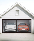 Exterior view of Magnetic Garage Door Screen for 16x7 double car doors, with black mesh curtain installed on a white garage.